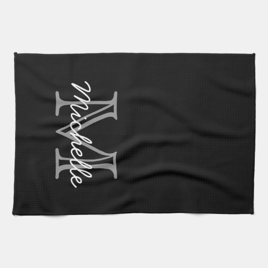 Moderner Schwarz-weißer Personalisierter Name Mit  Geschirrtuch (Horizontal)