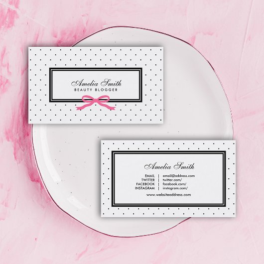 Moderner Schwarz-weißer Polka Dot Pink Ribbon Blog Visitenkarte