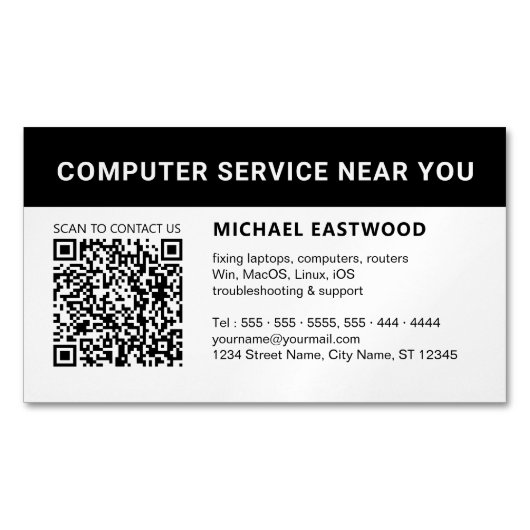 Moderner Schwarz-weißer QR-Code Beruflich Magnetische Visitenkarte (Vorderseite)