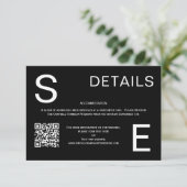 Moderner schwarz-weißer QR Code Hochzeitsdetails Begleitkarte (Stehend Vorderseite)