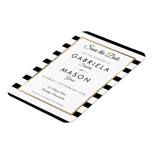Moderner Schwarz-weißer Streifen Save the Date Magnet (Linke Seite)