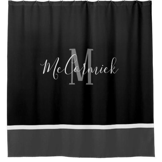 Moderner Schwarz-weißer und graugestrickter Monogr Duschvorhang (Vorderseite)
