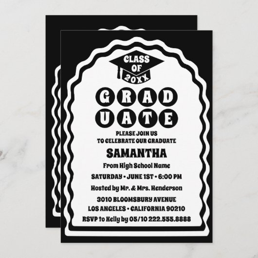 Moderner, Schwarz-weißer Wavy Arch Foto Abschluss Einladung (Vorne/Hinten)