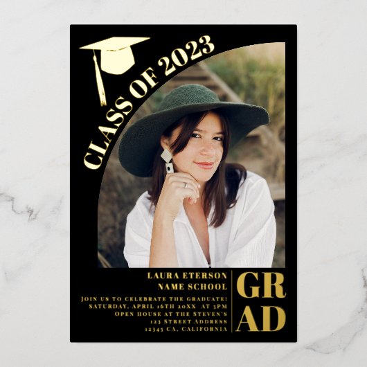 Moderner, schwarzer 5 Foto Abschluss Folieneinladung (Vorderseite)