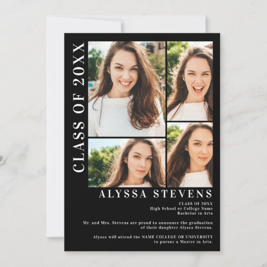 Moderner schwarzer 5-Foto-Grid-Abschluss Einladung (Vorderseite)