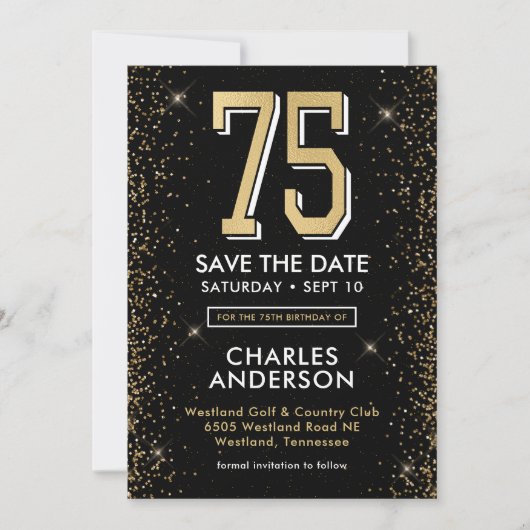 Moderner schwarzer 75. Geburtstag Save The Date (Vorderseite)
