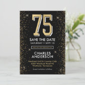 Moderner schwarzer 75. Geburtstag Save The Date (Stehend Vorderseite)
