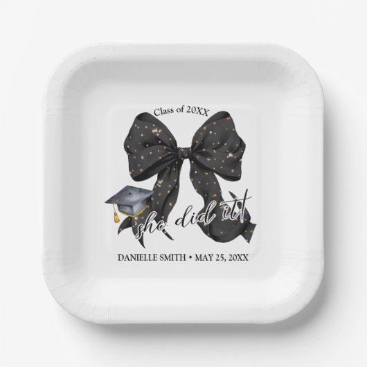 Moderner schwarzer Bow sie tat es Papier Square Pl Pappteller (Vorderseite)