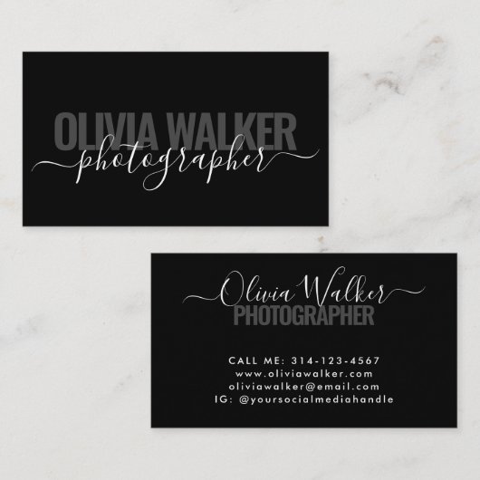Moderner Schwarzer Chic-Signature-Script-Fotograf Visitenkarte (Vorne/Hinten)