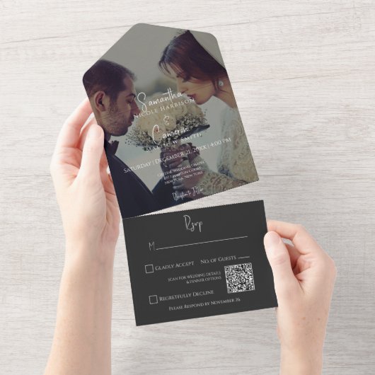 Moderner schwarzer Eleganter Foto QR Code All In One Einladung (Abreißen)