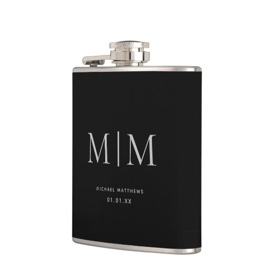 Moderner Schwarzer Eleganter Mit Monogramm Anfangs Flachmann (Links)