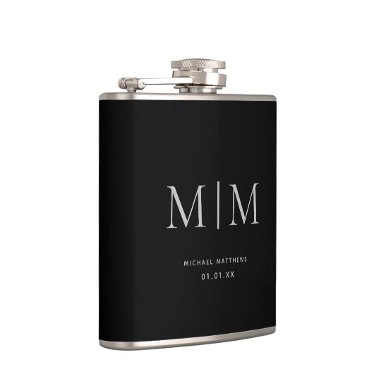 Moderner Schwarzer Eleganter Mit Monogramm Anfangs Flachmann (Rechts)