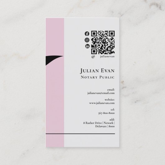 Moderner schwarzer Federrosa Notarcode Visitenkarte (Rückseite)