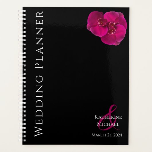 Moderner Schwarzer Fuchsien und Weißer Hochzeitspl Planer (Vorderseite)