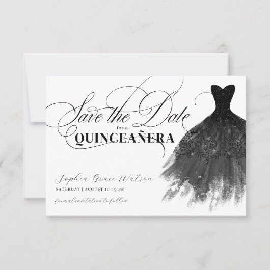 Moderner Schwarzer Glitzer Girly Dress Quinceanera Save The Date (Vorderseite)
