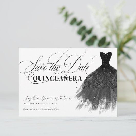 Moderner Schwarzer Glitzer Girly Dress Quinceanera Save The Date (Stehend Vorderseite)