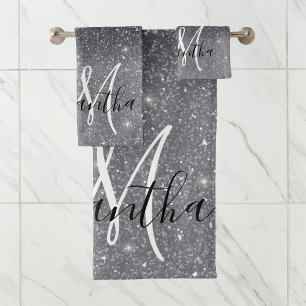 Moderner Schwarzer Glitzer Glitzern Personalisiert Badhandtuch Set