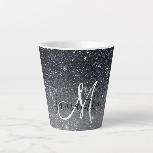Moderner Schwarzer Glitzer Glitzern Personalisiert Milchtasse (Vorderseite)