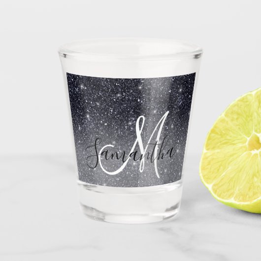 Moderner Schwarzer Glitzer Glitzern Personalisiert Schnapsglas (Vorderseite)