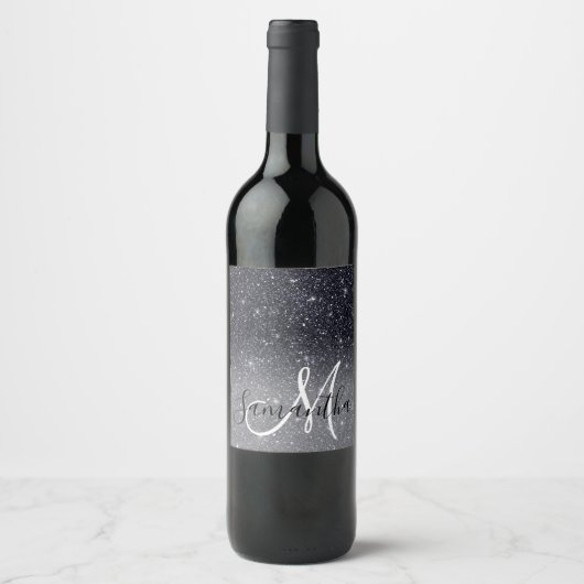 Moderner Schwarzer Glitzer Glitzern Personalisiert Weinetikett (Vorderseite)