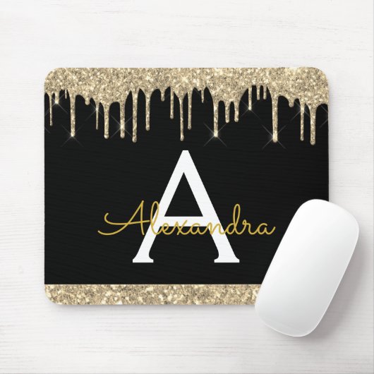 Moderner Schwarzer Glitzer Mit Monogramm Mousepad (Mit Mouse)