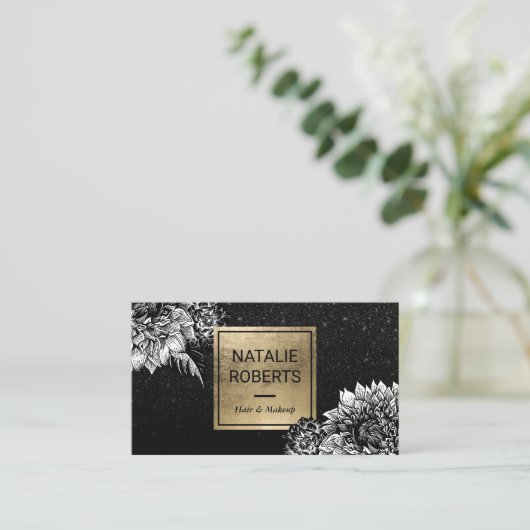 Moderner schwarzer Glitzer-Schönheits-mit Visitenkarte (Stehend Vorderseite)