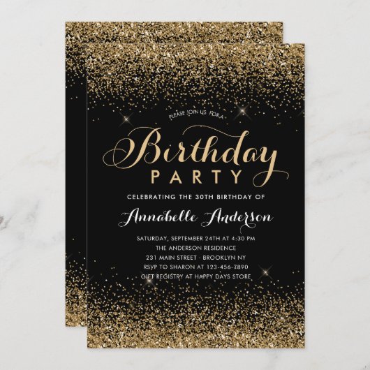 Moderner Schwarzer Glitzer Sparkasse jeden Geburts Einladung (Vorne/Hinten)
