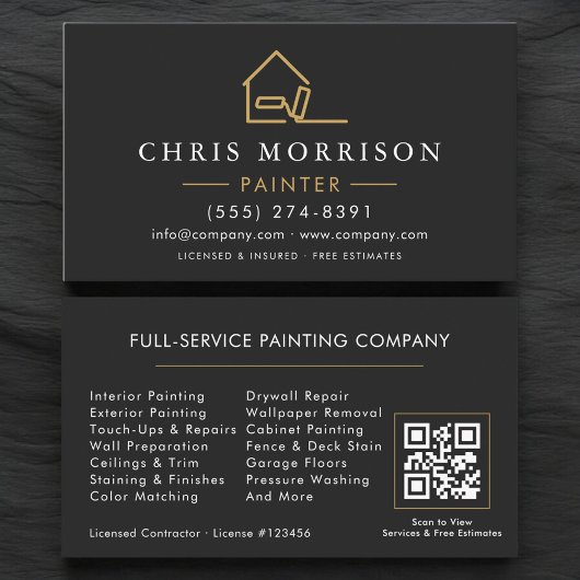 Moderner schwarzer Gold-Hausmaler-QR-Code Visitenkarte