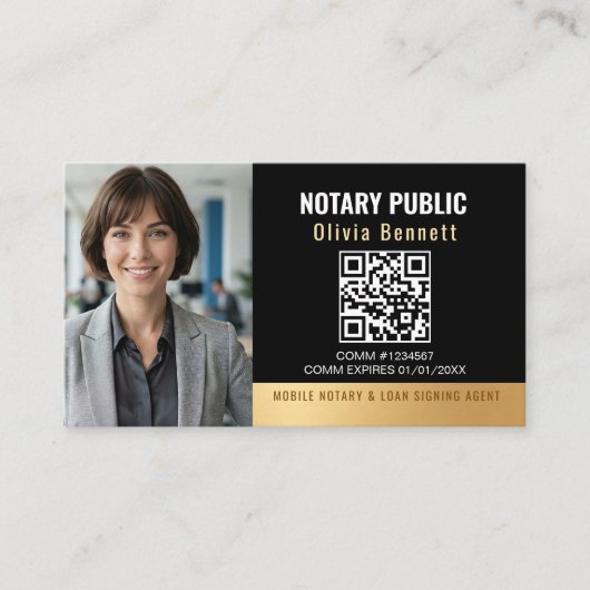 Moderner schwarzer Gold-Notar-QR-Code  Visitenkarte (Vorderseite)