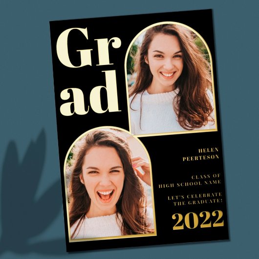 Moderner Schwarzer Goldbogen 3 Foto Abschluss Folieneinladung