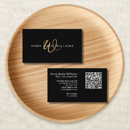 Moderner schwarzer Goldschrift-Monogramm-QR-Code Visitenkarte