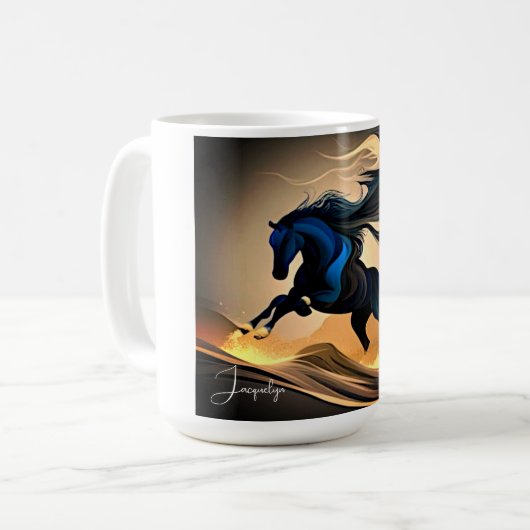 Moderner schwarzer Hengst in der Wüste Kaffeetasse (Vorderseite Links)