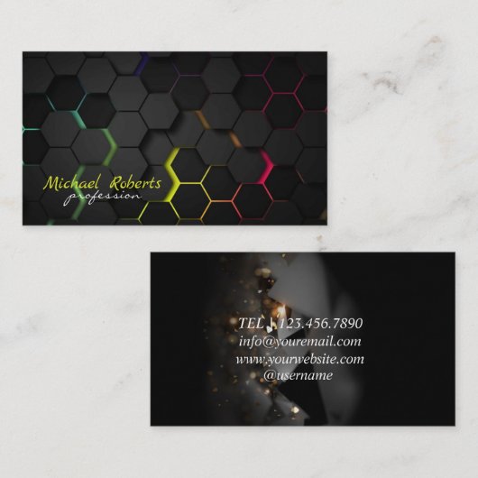 Moderner schwarzer Hintergrund mit Hexagon Visitenkarte (Vorne/Hinten)