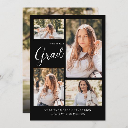 Moderner Schwarzer Klassiker 5 Foto Collage Abschl Ankündigung (Vorne/Hinten)