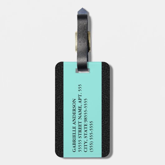 Moderner schwarzer Leopard Print Aqua Strip mit Na Gepäckanhänger (Rückseite vertikal)
