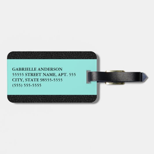 Moderner schwarzer Leopard Print Aqua Strip mit Na Gepäckanhänger (Rückseite horizontal)