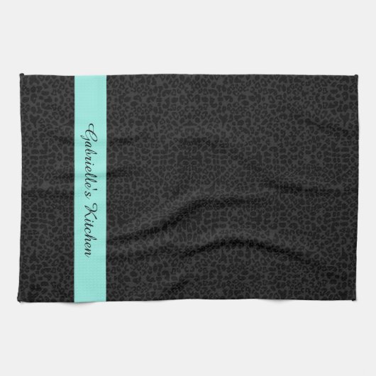 Moderner schwarzer Leopard Print Aqua Strip mit Na Handtuch (Horizontal)