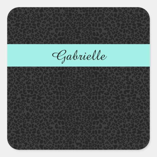 Moderner schwarzer Leopard Print Aqua Strip mit Na Quadratischer Aufkleber (Vorderseite)