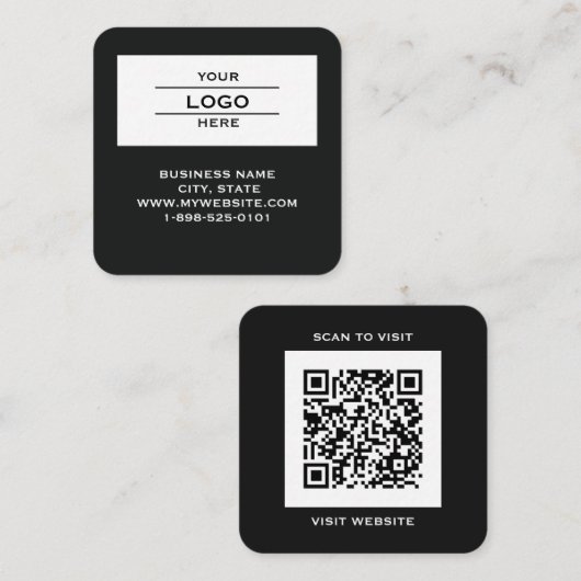 Moderner Schwarzer Logo-QR-Code-Scan-Website-Quadr Quadratische Visitenkarte (Vorne/Hinten)