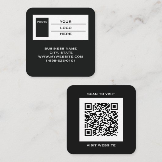 Moderner schwarzer Logo-QR-Code-Scan-Website-Quadr Quadratische Visitenkarte (Vorne/Hinten)
