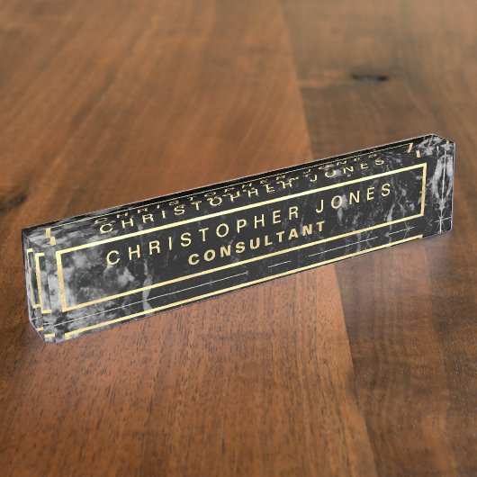 Moderner schwarzer Marmorstein-Look Gold Titel Namensplakette (Seite)