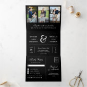 Moderner Schwarzer Minimal 3 in 1 Foto Collage Wed Dreifach Gefaltete Einladung (Innenseite)