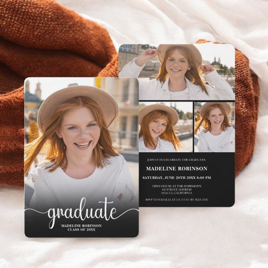 Moderner Schwarzer Minimaler 4-Foto-Script-Abschlu Einladung