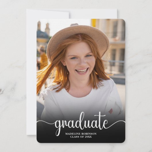 Moderner Schwarzer Minimaler 4-Foto-Script-Abschlu Einladung (Vorderseite)