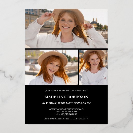 Moderner Schwarzer Minimaler 4-Foto-Script-Abschlu Folieneinladung (Rückseite)