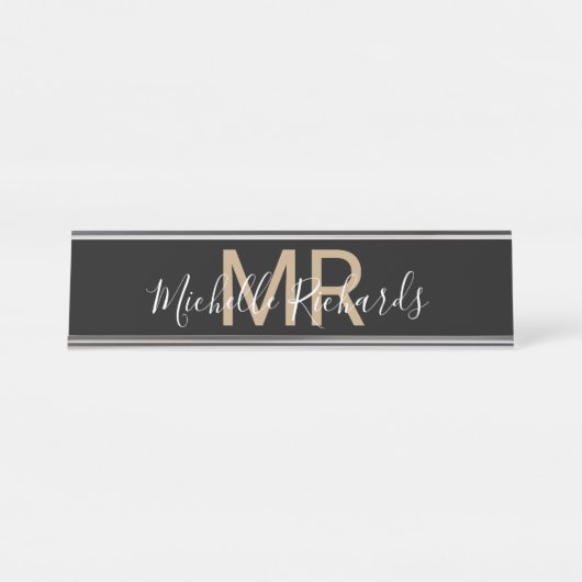 Moderner Schwarzer Name-Monogramm-Schreibtisch Schreibtischnamensplakette (Vorderseite )