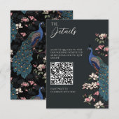 Moderner schwarzer Pfau Hochzeitsdetails QR-Code Begleitkarte (Vorne/Hinten)