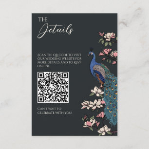Moderner schwarzer Pfau Hochzeitsdetails QR-Code Begleitkarte