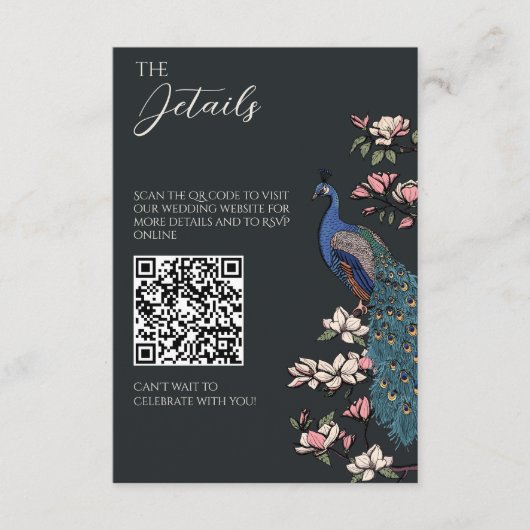 Moderner schwarzer Pfau Hochzeitsdetails QR-Code Begleitkarte (Vorderseite)