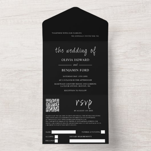 Moderner schwarzer QR-Code in einer Einladung (Innen Boden)